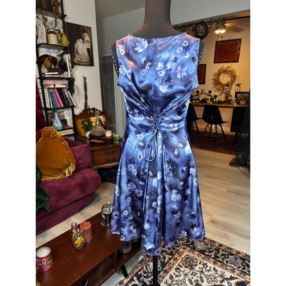 Lisa Jo Floral Print Blue Satin Lace Up Back Dress Women's Y2K 90's - Picture 2 of 8